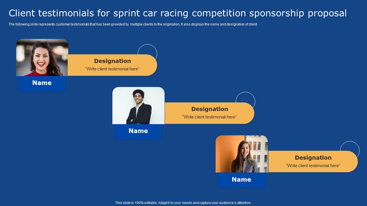 Client Testimonials For Sprint Car Racing Competition Sponsorship Proposal Ideas PDF