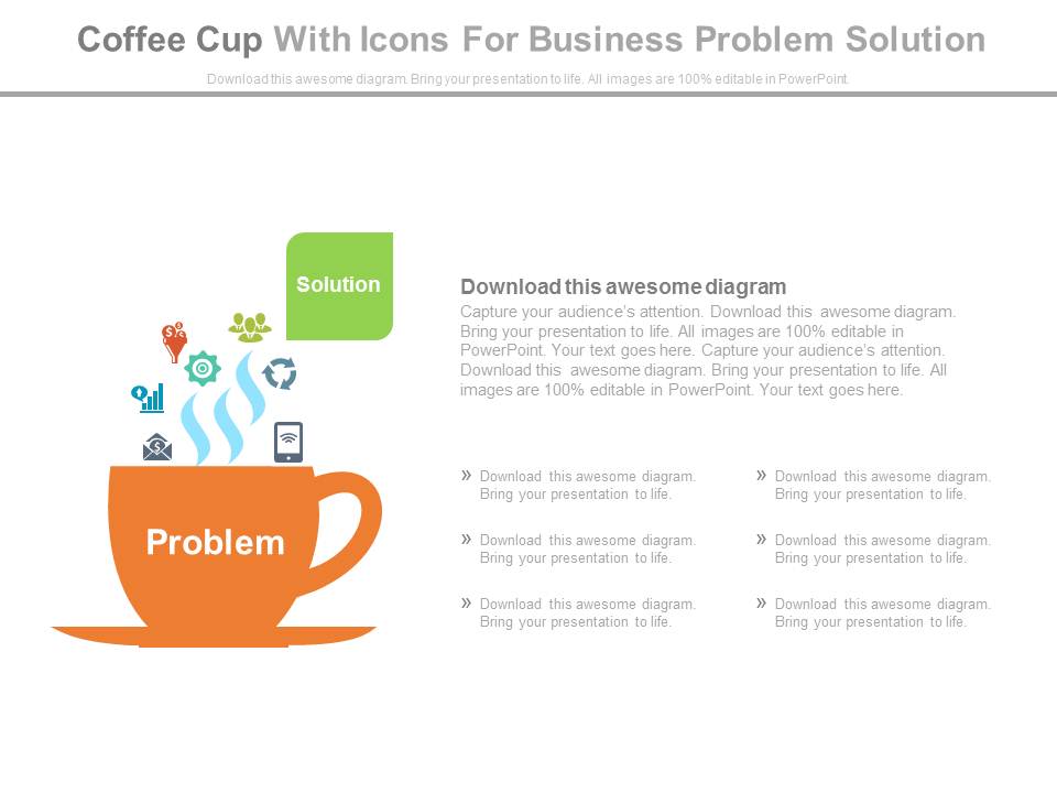 Coffee Cup With Problem Word And Icons Powerpoint Slides