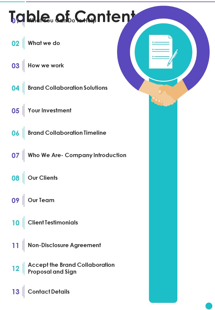 Collaboration Proposal To Partner With Celebrities Table Of Contents One Pager Sample Example Document