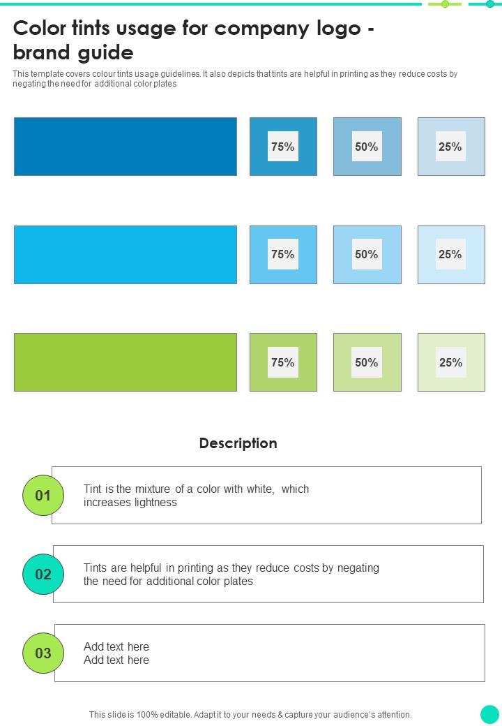 Color Tints Usage For Company Logo Brand Guide One Pager Sample Example Document