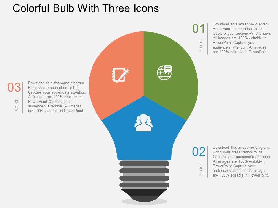 Colorful Bulb With Three Icons Powerpoint Templates