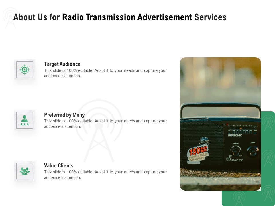Commercial Broadcasting About Us For Radio Transmission Advertisement Services Summary PDF