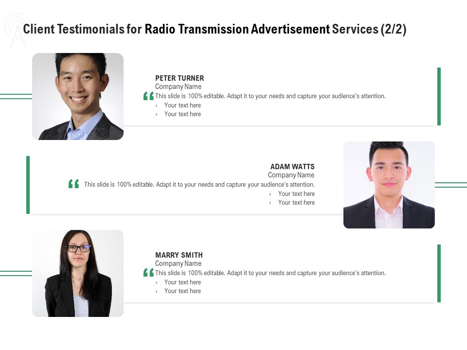 Commercial Broadcasting Client Testimonials For Radio Transmission Advertisement Services Audience Icons PDF