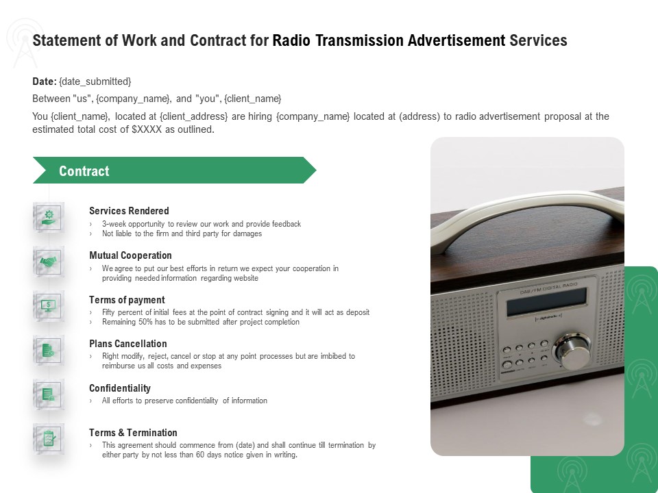 Commercial Broadcasting Statement Of Work And Contract For Radio Transmission Advertisement Services Designs PDF