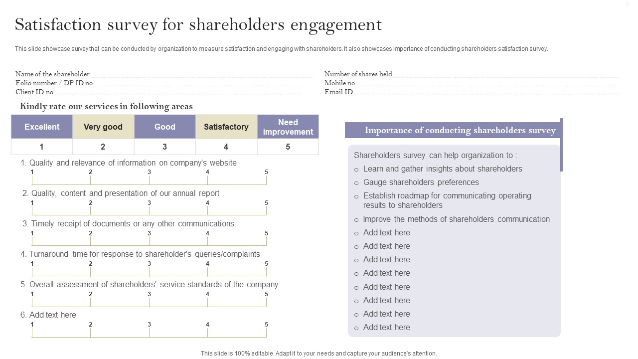 Communication Means And Techniques Satisfaction Survey For Shareholders Engagement Graphics PDF
