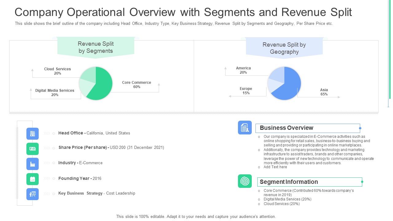 Company Operational Overview With Segments And Revenue Split Ppt Ideas Graphics Example PDF