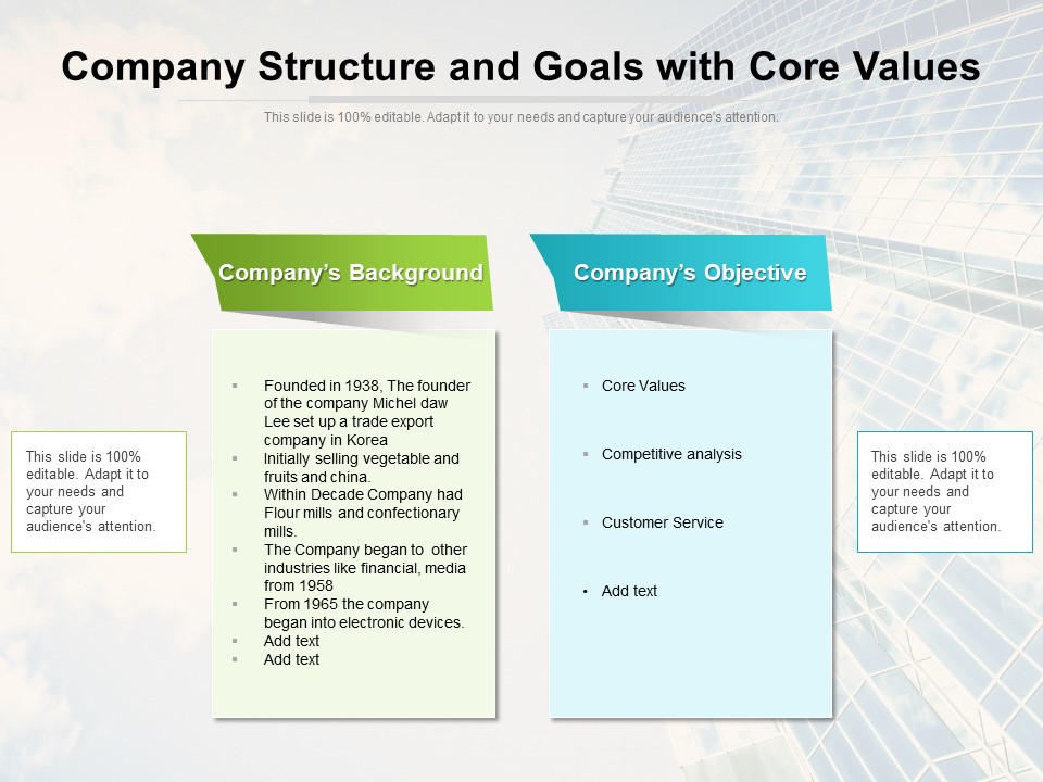 Company Structure And Goals With Core Values Ppt PowerPoint Presentation File Guidelines PDF
