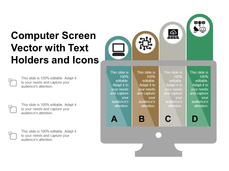 Computer Screen Vector With Text Holders And Icons Ppt PowerPoint Presentation Pictures Design Templates