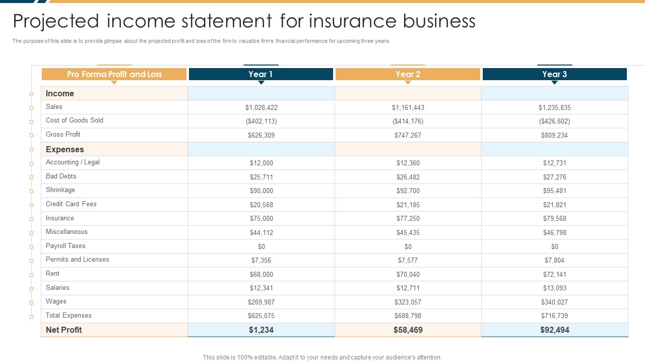 Constructing Insurance Company Strategic Business Approach Projected Income Statement Ideas PDF