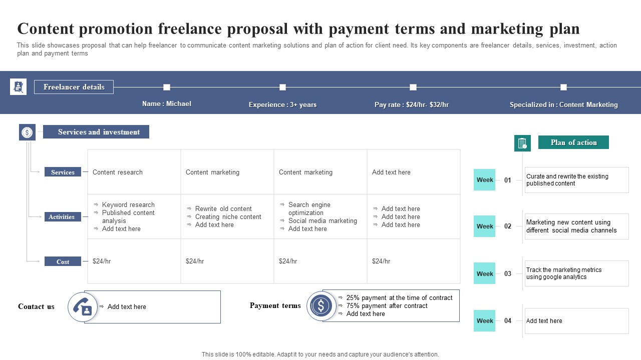 Content Promotion Freelance Proposal With Payment Terms And Marketing Plan Formats PDF