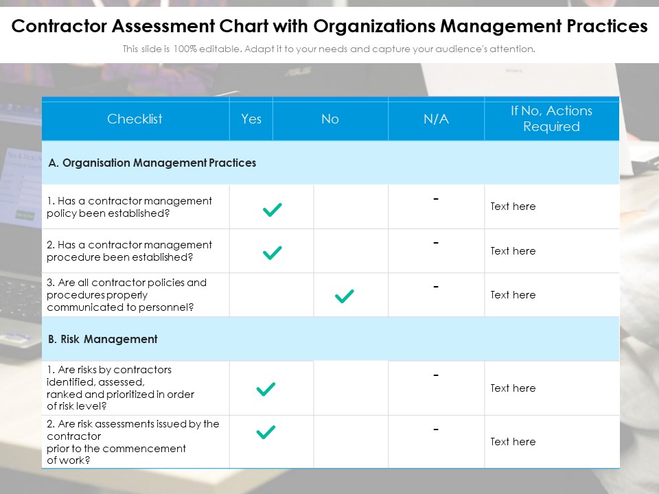 Contractor Assessment Chart With Organizations Management Practices Ppt PowerPoint Presentation Portfolio Maker PDF