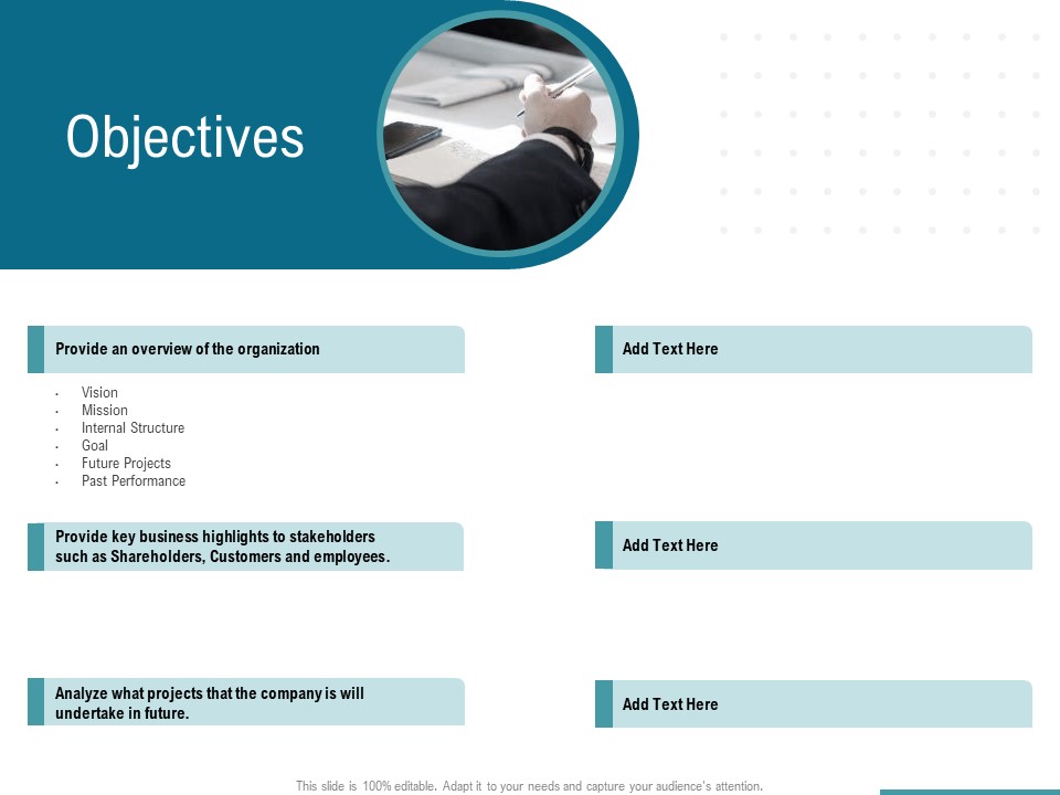 Corporate Execution And Financial Liability Report Objectives Icons PDF