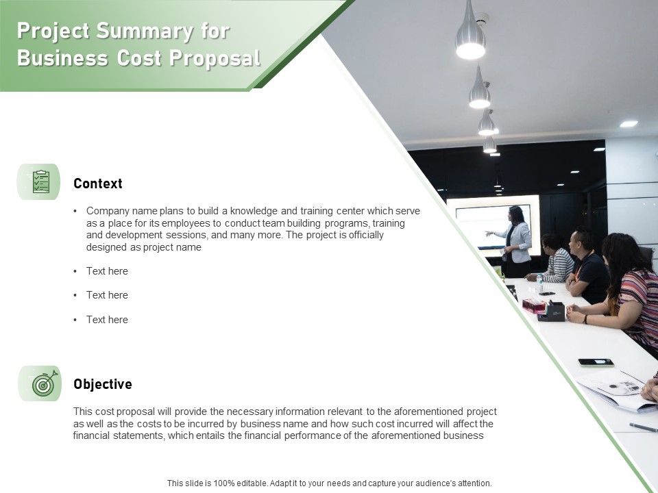 Cost Savings To A Company Project Summary For Business Cost Proposal Ideas PDF