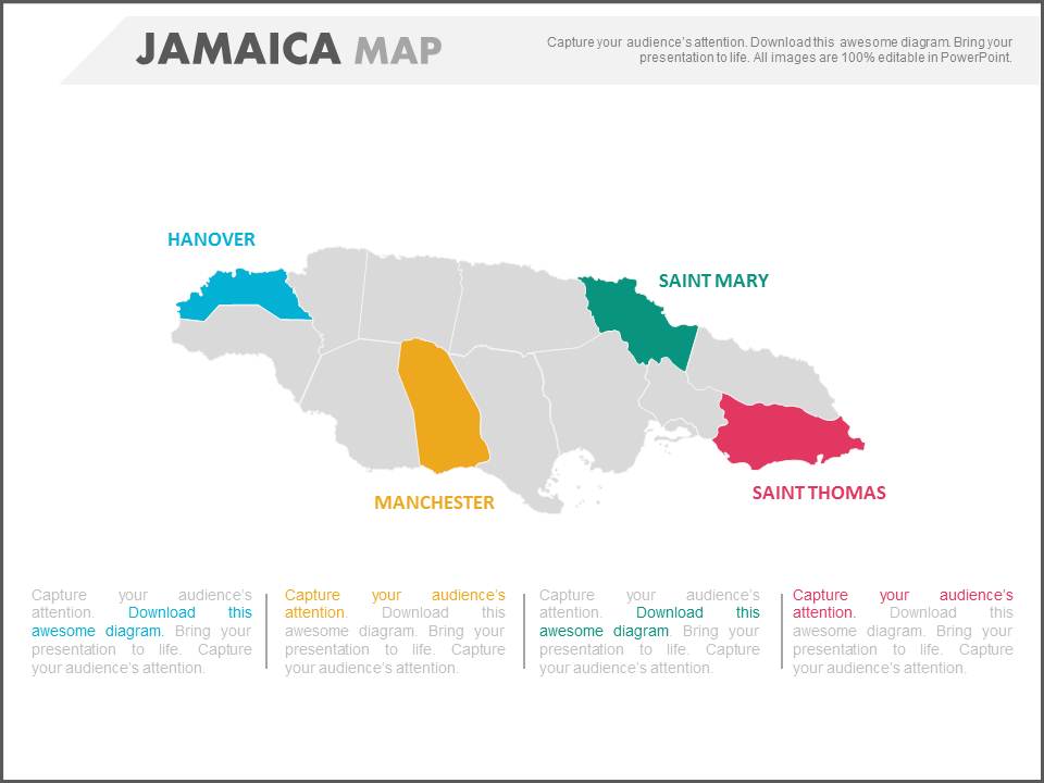 Country Jamaica Map With Four States Highlighted Powerpoint Slides