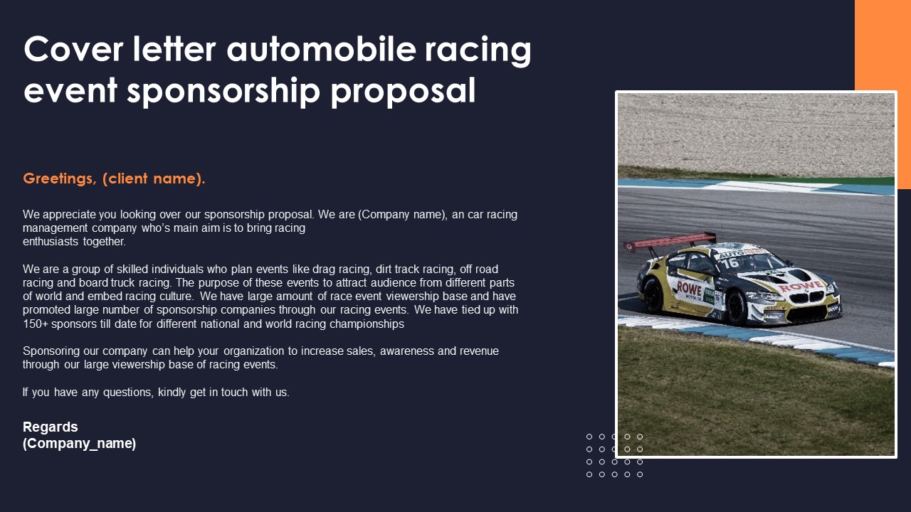Cover Letter Automobile Racing Event Sponsorship Proposal Infographics PDF