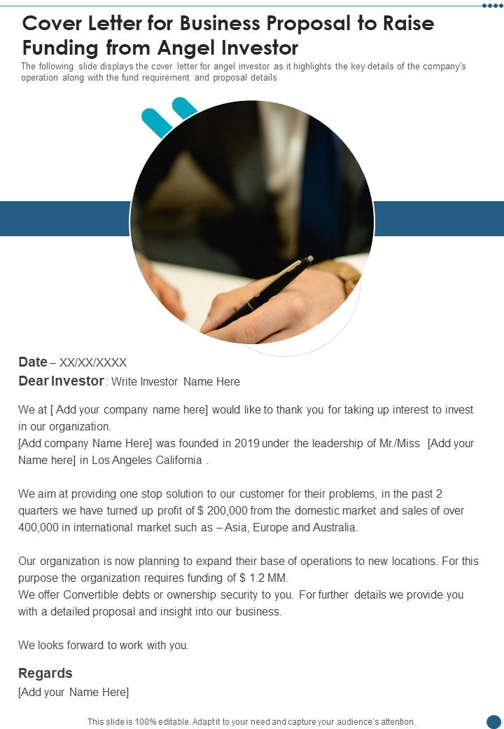 Cover Letter For Business Proposal To Raise Funding From Angel Investor One Pager Sample Example Document