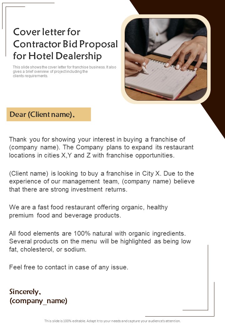 Cover Letter For Contractor Bid Proposal For Hotel Dealership One Pager Sample Example Document