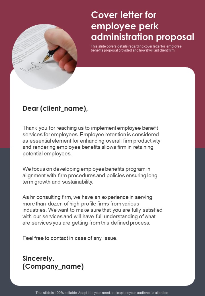 Cover Letter For Employee Perk Administration Proposal One Pager Sample Example Document