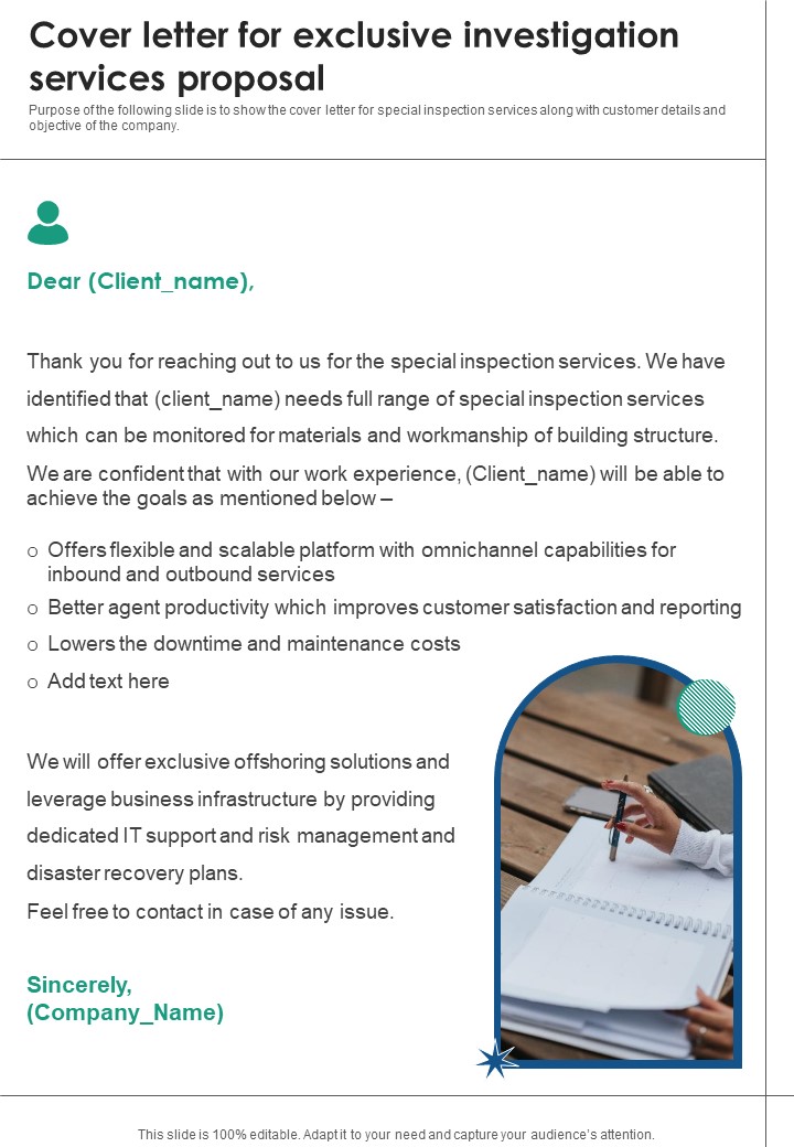 Cover Letter For Exclusive Investigation Services Proposal One Pager Sample Example Document