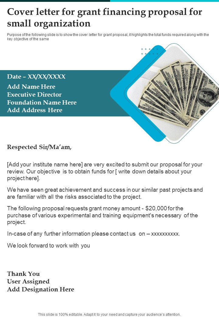Cover Letter For Grant Financing Proposal For Small Organization One Pager Sample Example Document