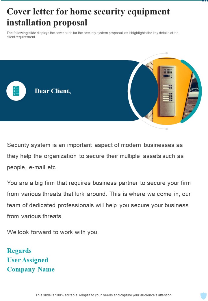 Cover Letter For Home Security Equipment Installation Proposal One Pager Sample Example Document
