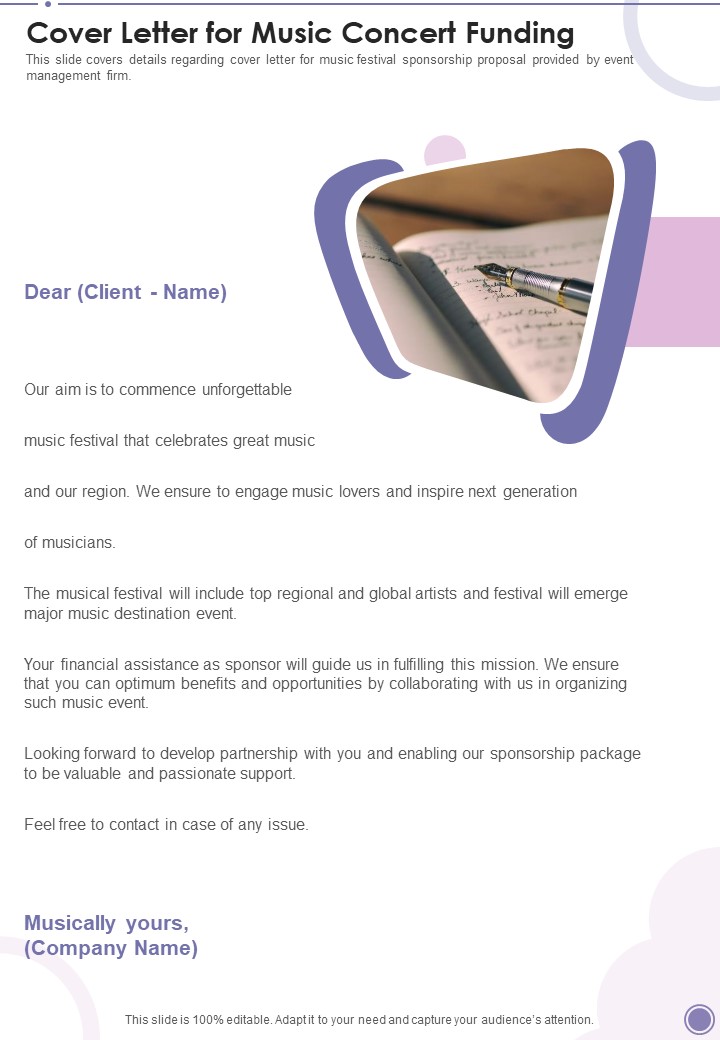 Cover Letter For Music Concert Funding One Pager Sample Example Document