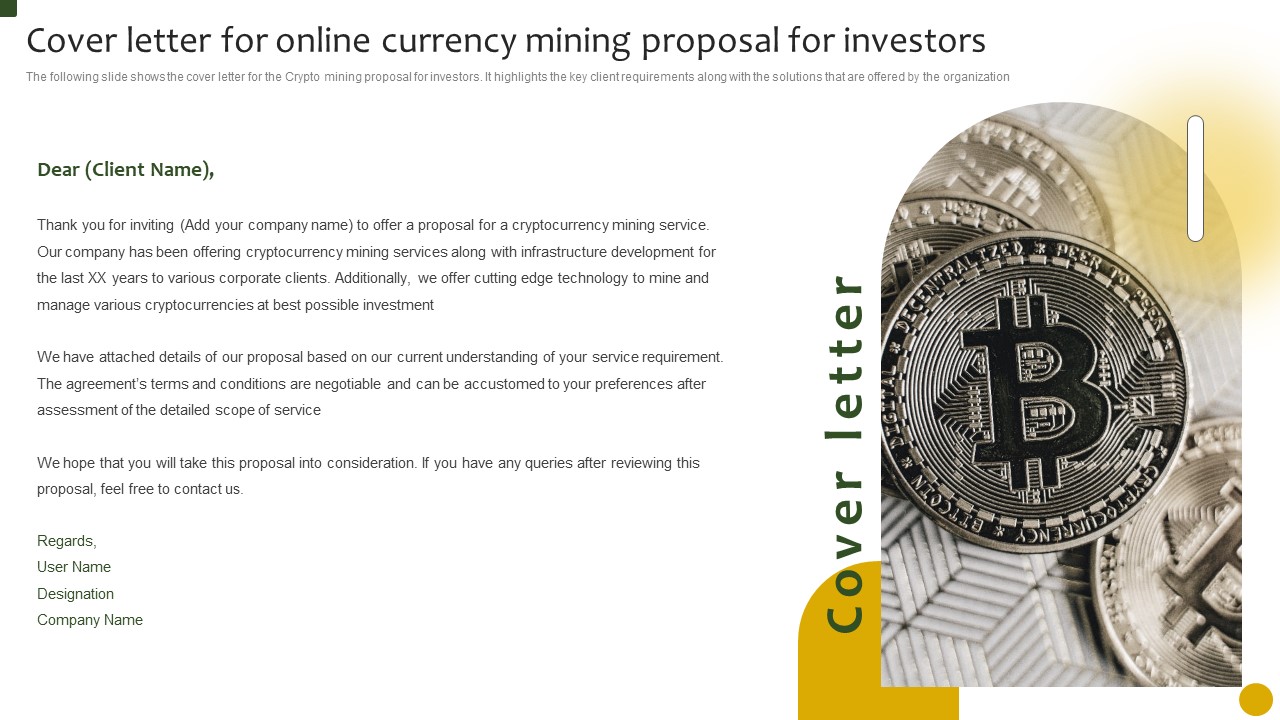 Cover Letter For Online Currency Mining Proposal For Investors Ppt Gallery Mockup PDF
