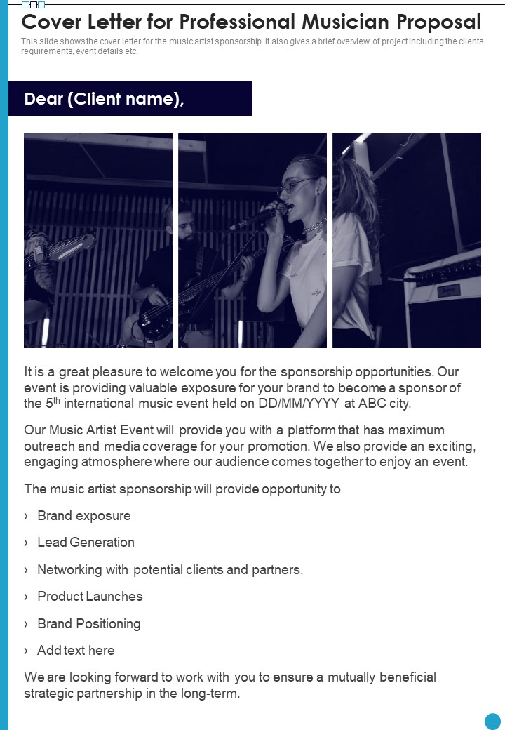 Cover Letter For Professional Musician Proposal One Pager Sample Example Document