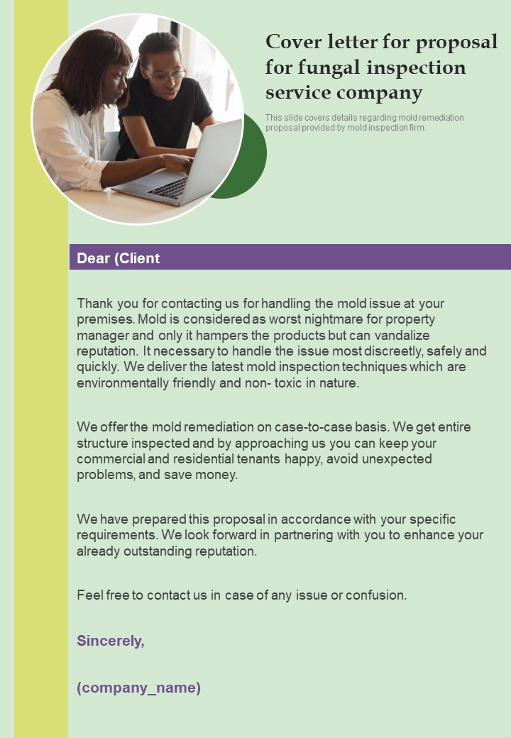 Cover Letter For Proposal For Fungal Inspection Service Company One Pager Sample Example Document