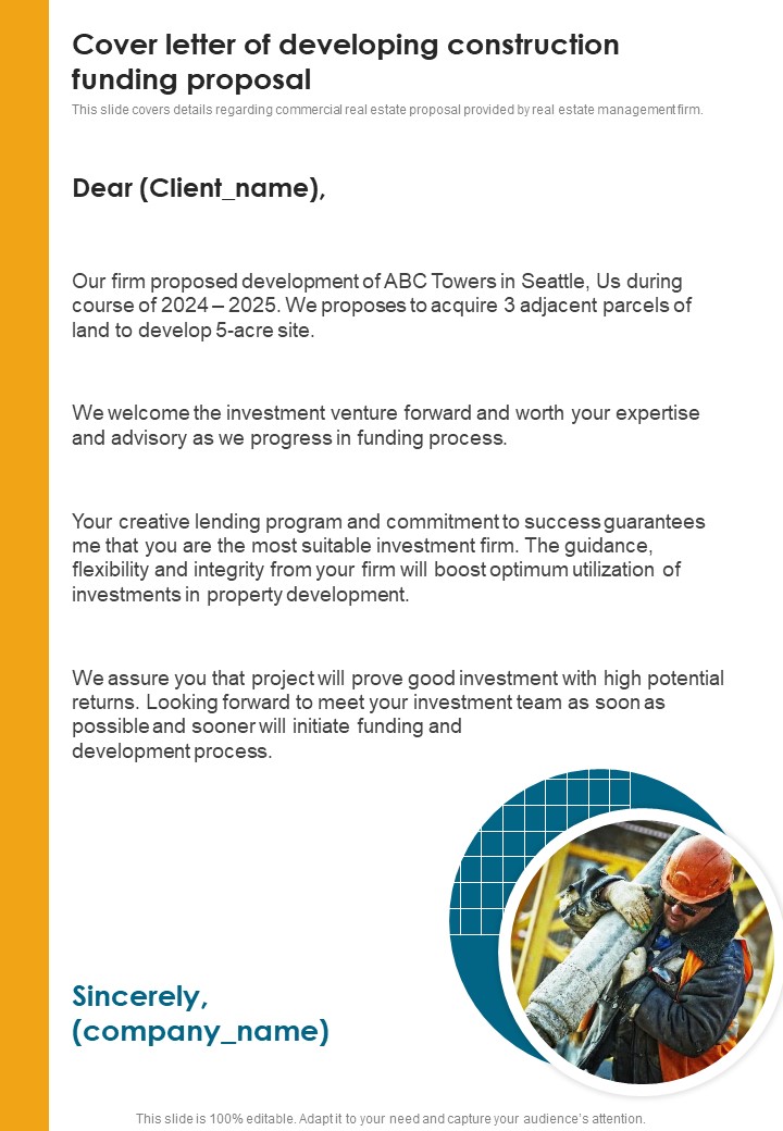 Cover Letter Of Developing Construction Funding Proposal One Pager Sample Example Document