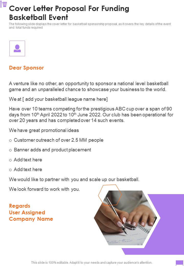 Cover Letter Proposal For Funding Basketball Event One Pager Sample Example Document