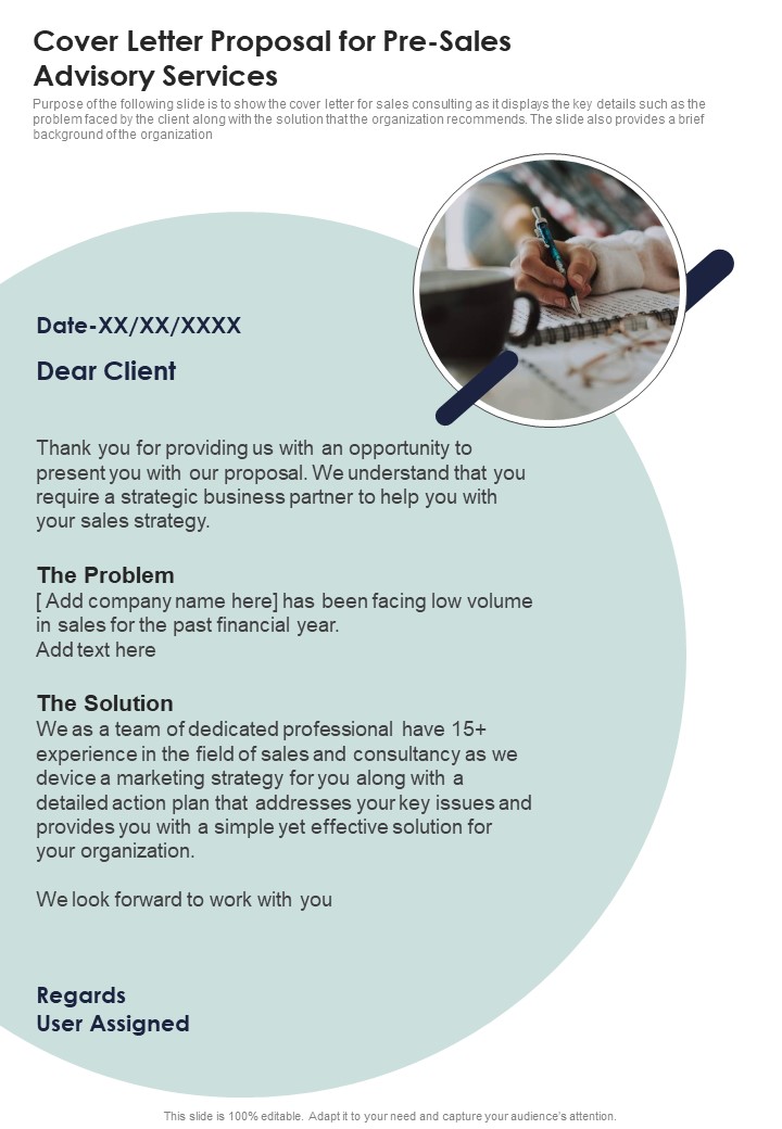 Cover Letter Proposal For Pre Sales Advisory Services One Pager Sample Example Document