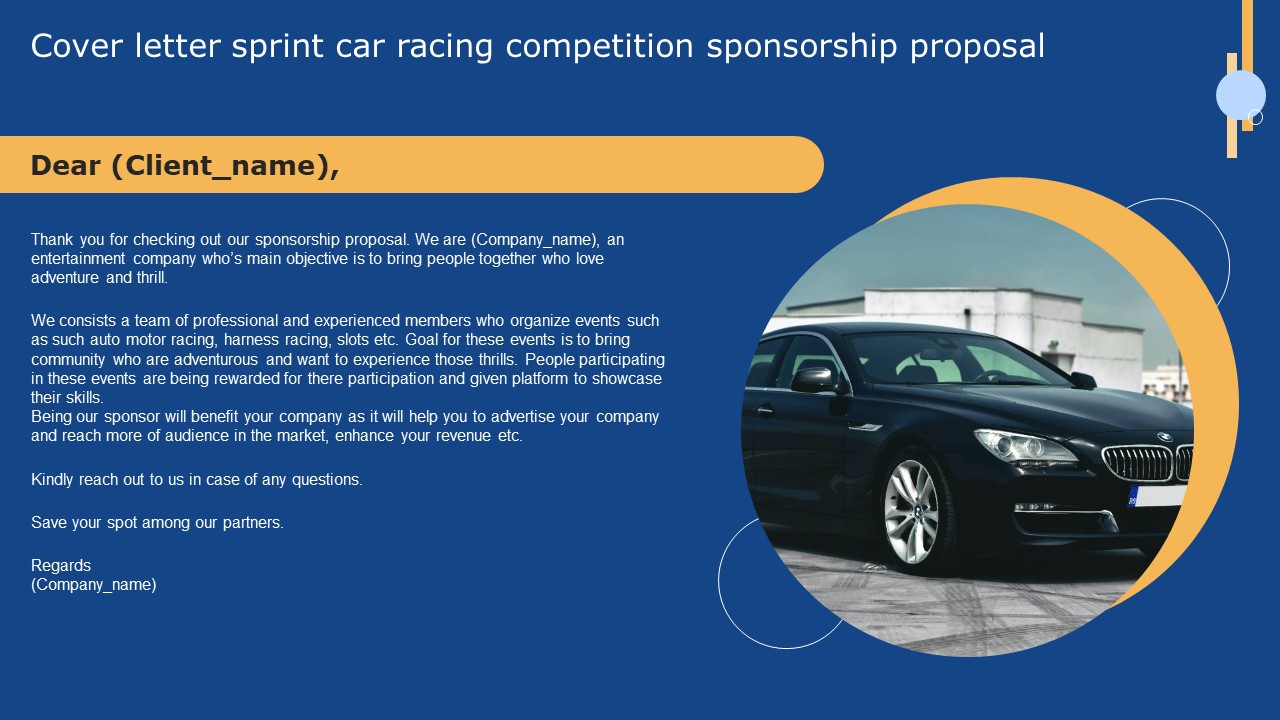 Cover Letter Sprint Car Racing Competition Sponsorship Proposal Diagrams PDF