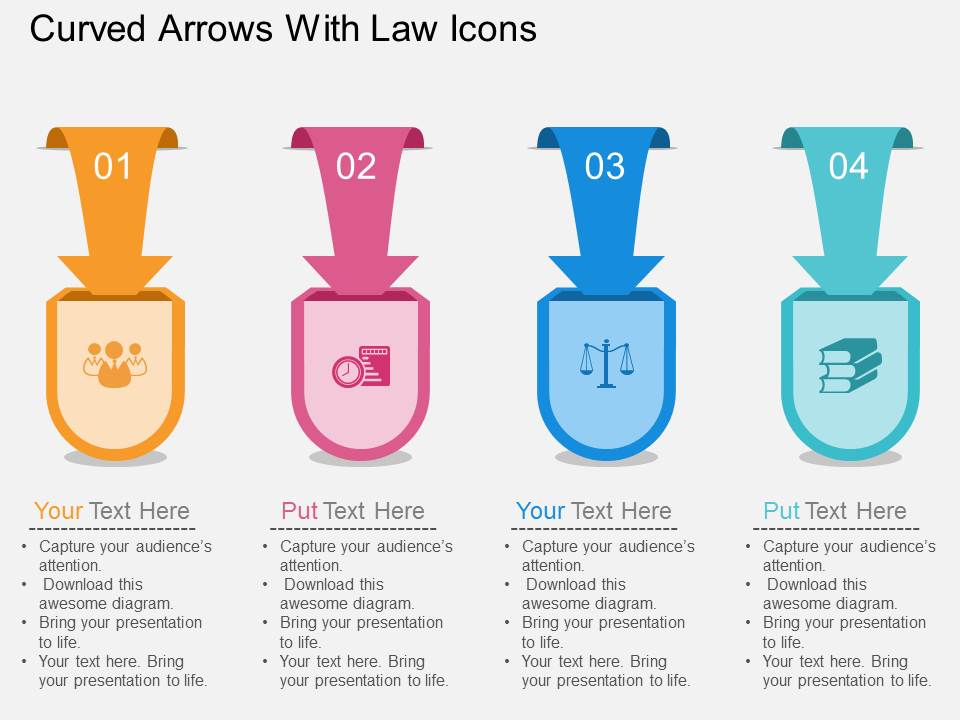 Curved Arrows With Law Icons Powerpoint Template