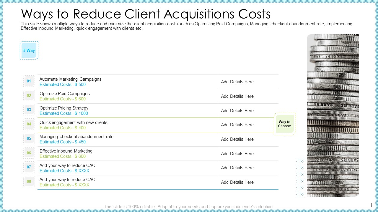 Customer Acquiring Price For Retaining New Clients Ways To Reduce Client Acquisitions Costs Themes PDF