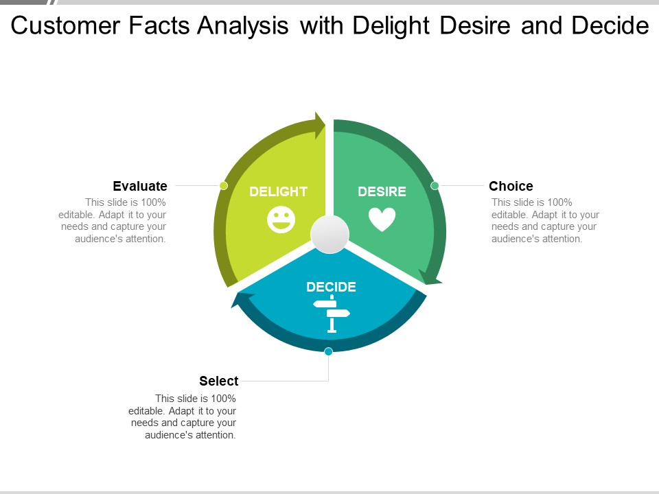 Customer Facts Analysis With Delight Desire And Decide Ppt PowerPoint Presentation Infographics Icon PDF