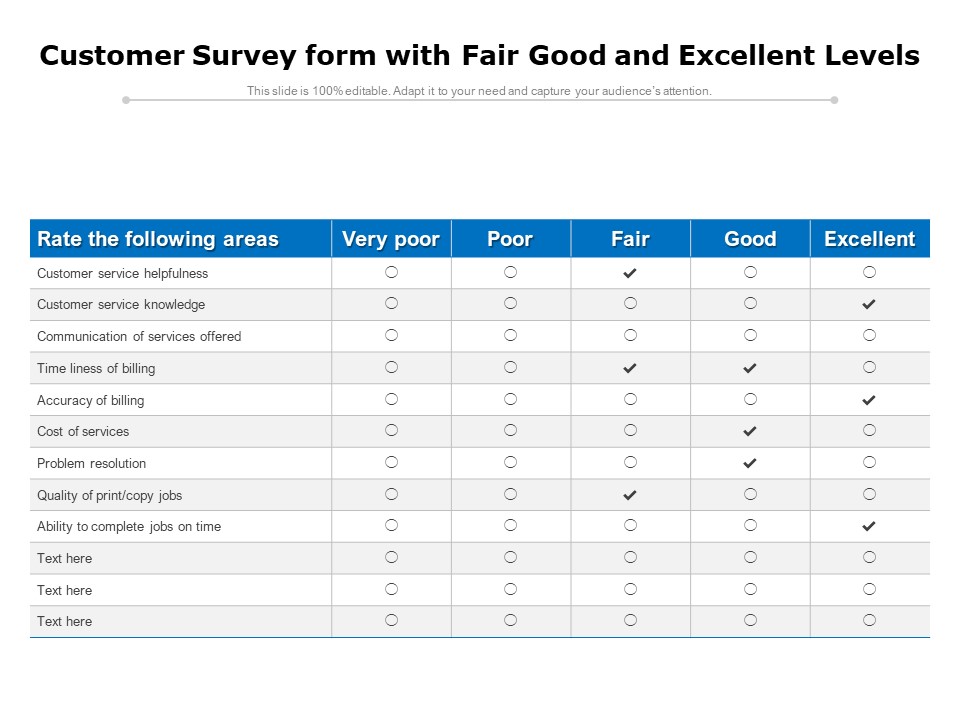 Customer Survey Form With Fair Good And Excellent Levels Ppt PowerPoint Presentation Infographic Template Format Ideas PDF