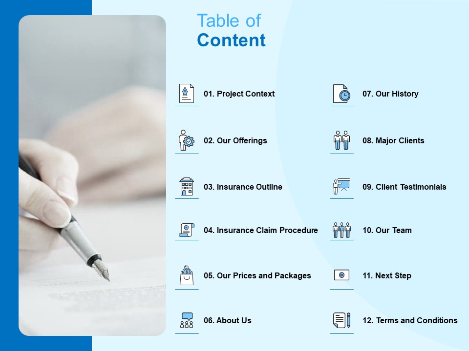 Damage Security Insurance Proposal Table Of Content Ppt Styles Graphics Example PDF