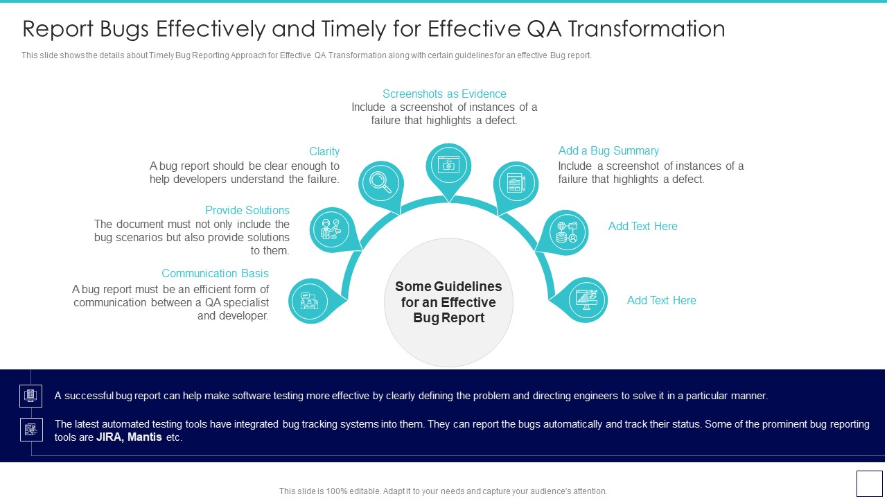 Deploying Quality Assurance QA Transformation Report Bugs Effectively And Timely Icons PDF
