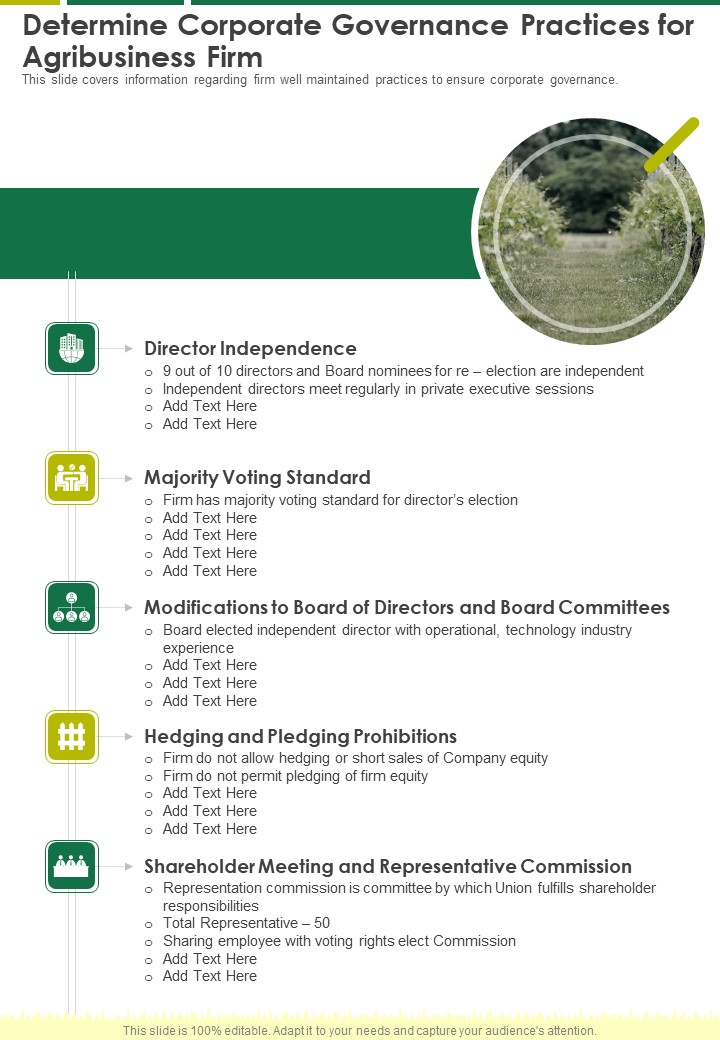 Determine Corporate Governance Practices For Agribusiness Firm One Pager Documents