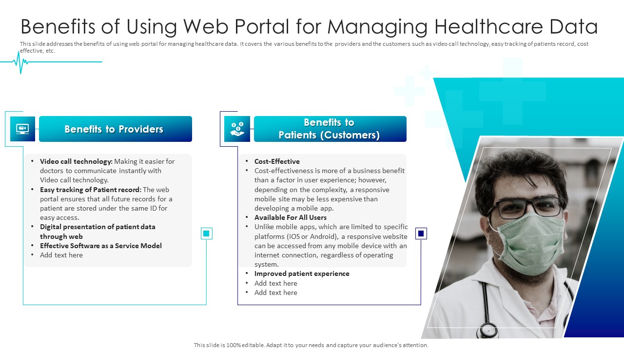 Digital Healthcare Applications Benefits Of Using Web Portal For Managing Healthcare Data Portrait PDF