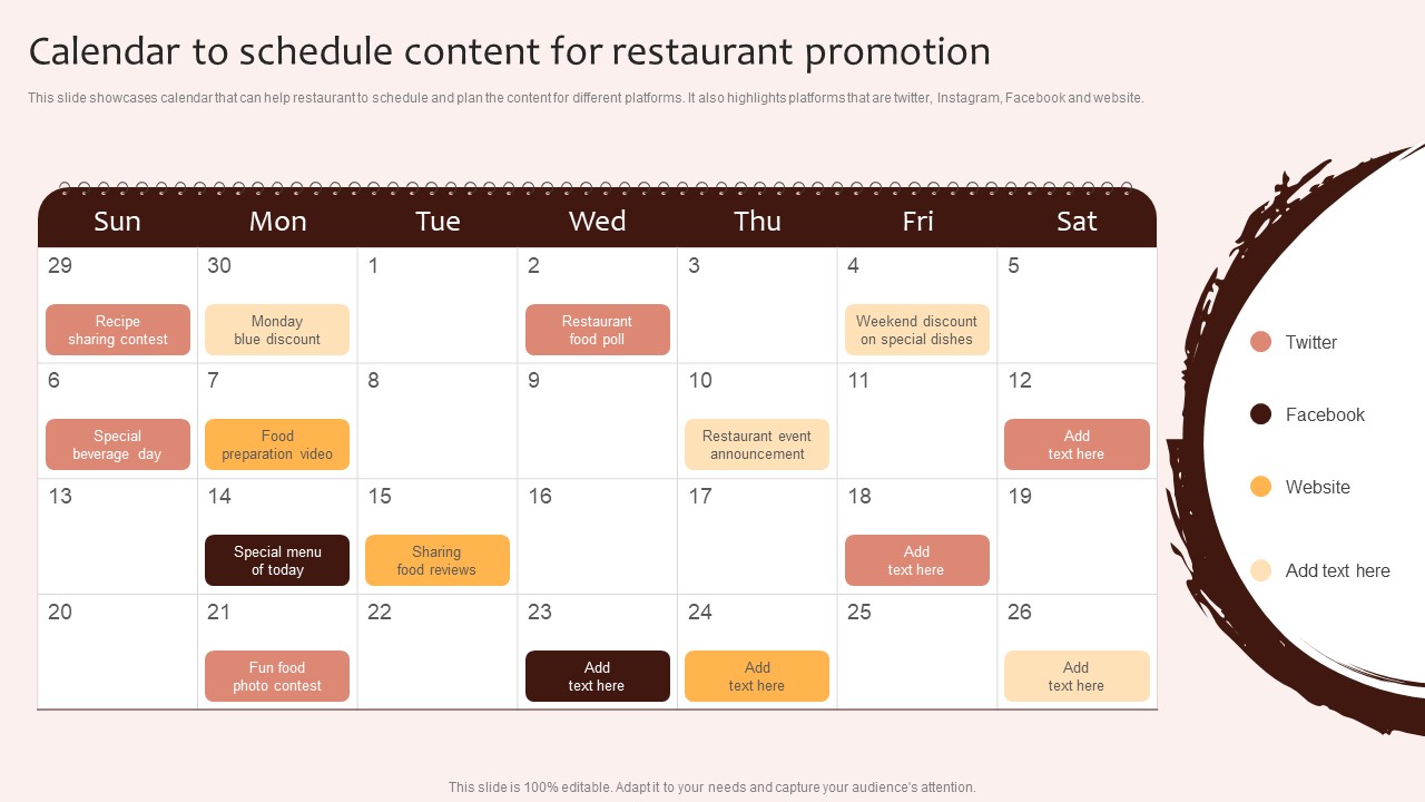 Digital Marketing Plan For Restaurant Business Calendar To Schedule Content For Restaurant Promotion Brochure PDF