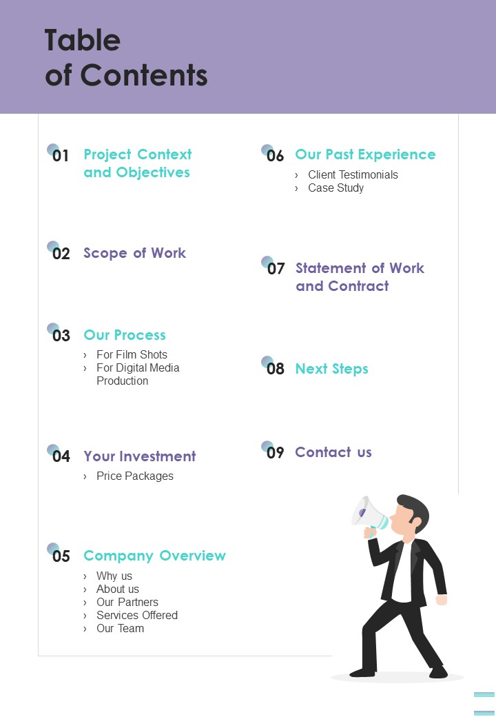 Digital Media Service Proposal Table Of Contents One Pager Sample Example Document
