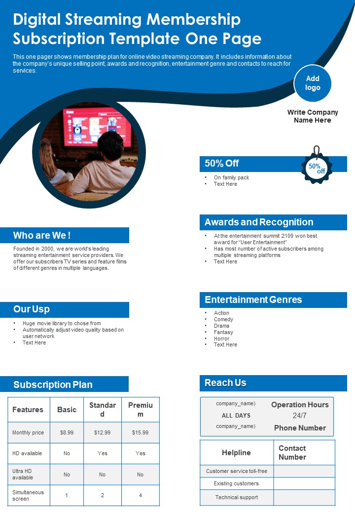 Digital Streaming Membership Subscription Template One Page PDF Document PPT Template