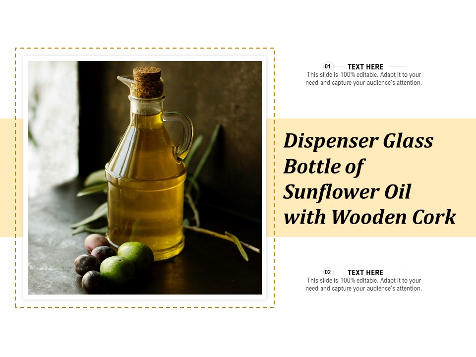 Dispenser Glass Bottle Of Sunflower Oil With Wooden Cork Ppt PowerPoint Presentation Infographics Icon PDF