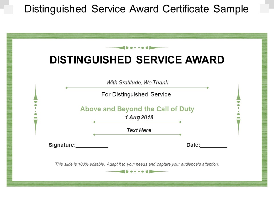 Distinguished Service Award Certificate Sample Ppt PowerPoint Presentation Model Templates