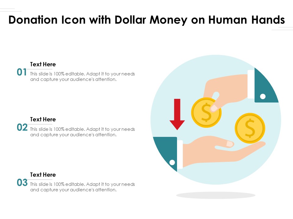 Donation Icon With Dollar Money On Human Hands Ppt PowerPoint Presentation Styles Deck PDF
