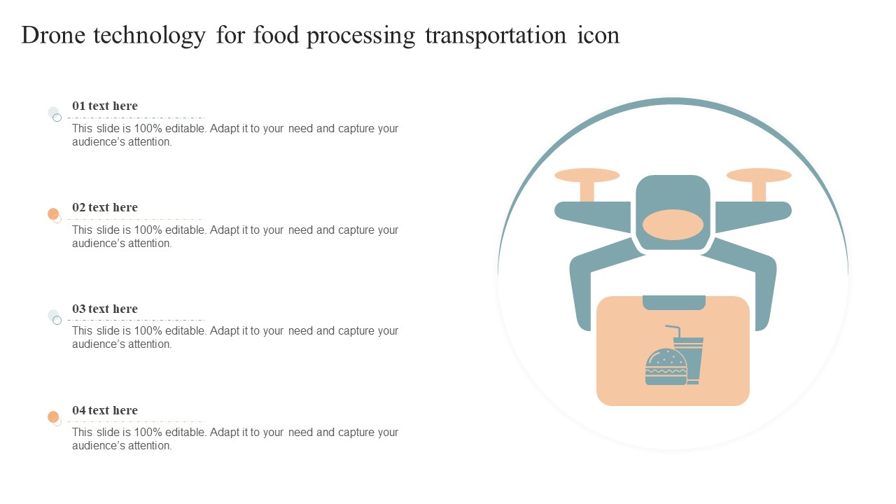 Drone Technology For Food Processing Transportation Icon Demonstration PDF