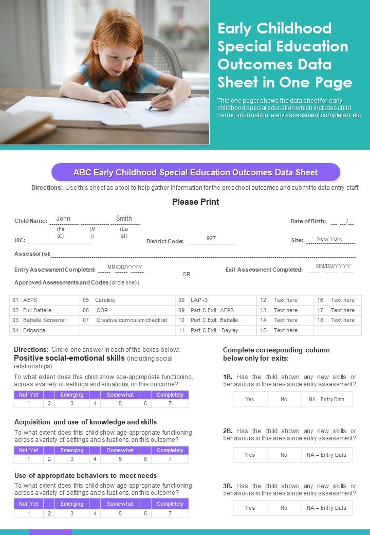 Early Childhood Special Education Outcomes Data Sheet In One Page PDF Document PPT Template