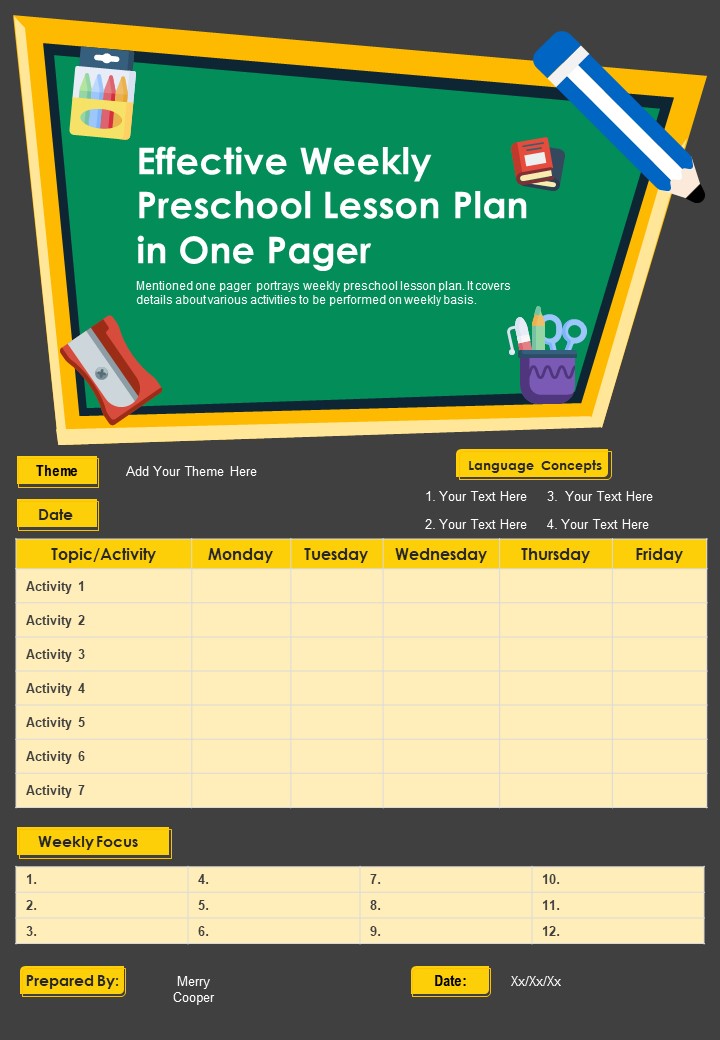 Effective Weekly Preschool Lesson Plan In One Pager PDF Document PPT Template